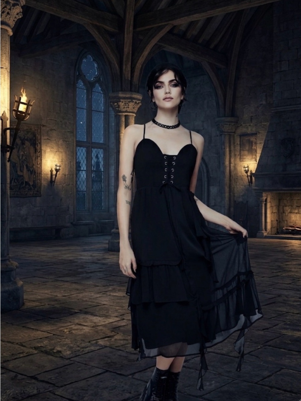 🍔Disturbia Black Gothic Corsair Lace front Asymmetric midi dress size 12 NEW